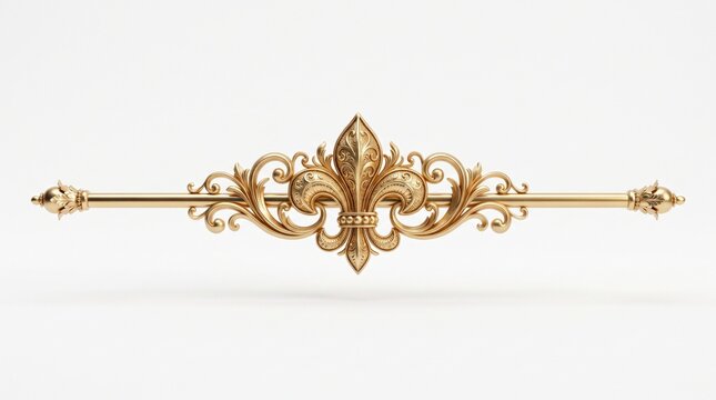 Ornate gold fleur de lis architectural ornament centered on a horizontal metal rod showcasing elaborate baroque scrolling details against a clean white background