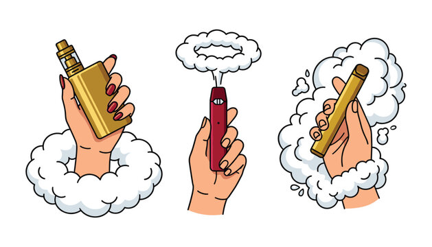 Electronic Cigarette and Vape Device Icon Set with Hands Holding Modern Vaporizer Pods Blowing Thick Smoke Clouds Vector Illustration