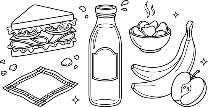 Lunch box food sandwich milk bottle banana apple chips napkin picnic line art vector illustration elements set isolated