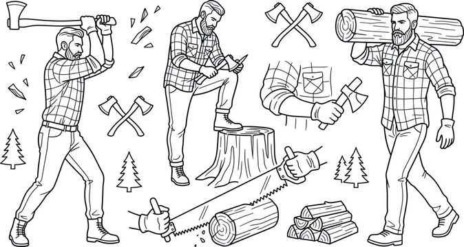Lumberjack man cutting wood axe saw log stump tree flannel shirt line art vector illustration elements set isolated