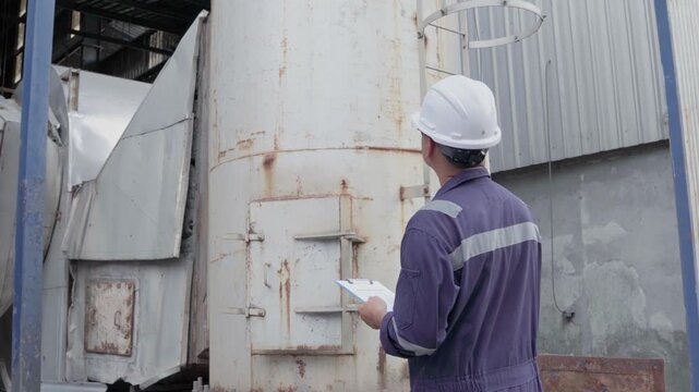Engineering work using digital tablet maintenance Exhaust system concept Clean air environmental protection. Factory industrial manufacturing. Sustainable future environment air pollution reduction