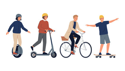 Eco Friendly Urban Eco Transport Vector Illustration Set with Characters Riding Electric Kick Scooter Monowheel Unicycle Bicycle and Skateboard Isolated on White Background © akin