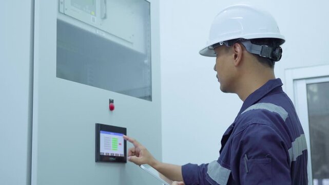 Environment Engineers checking data electrical control panels, air pollution reduction on digital displays.Technician use tablet continuous emission monitoring system in factory and industry. ESG. Eco