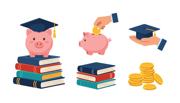 Education savings and college tuition concept set with pink piggy bank wearing graduation cap on book stacks and gold coins vector