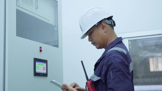 Environment Engineers checking data electrical control panels, air pollution reduction on digital displays.Technician use tablet continuous emission monitoring system in factory and industry. ESG. Eco