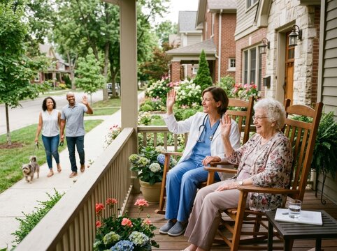 Nurse and senior woman waving from rocking chairs on house porch. Couple walking dog waves from sidewalk of suburban neighborhood. Home care and companionship. Healthy aging, community