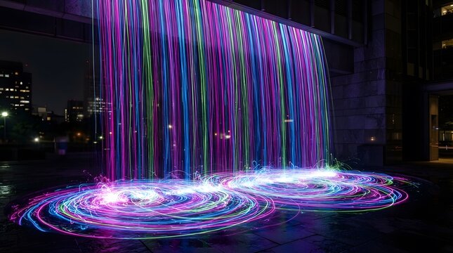 A stunning illuminated waterfall display featuring vibrant neon colors flowing down into a dark reflective pool at night