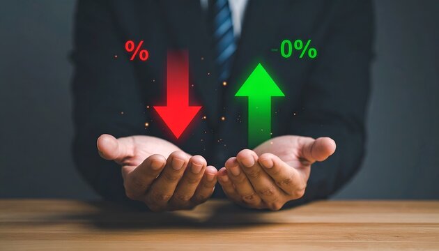 Professional businessman standing beside a fluctuating red downward arrow, illustrating financial downturn, market volatility, economic decline, investment risk, and business challenges.