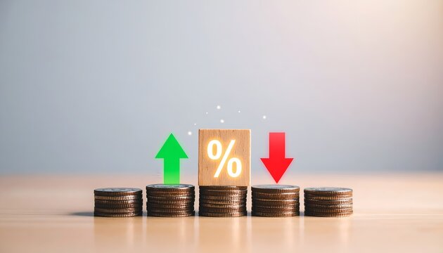 Conceptual finance scene featuring coins, a glowing percentage symbol, and opposing arrows, symbolizing interest rate movements, market changes, investment, and economic trends.