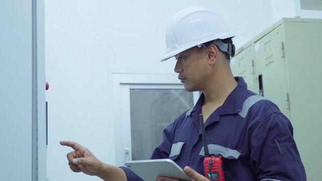 Environment Engineers checking data electrical control panels, air pollution reduction on digital displays.Technician use tablet continuous emission monitoring system in factory and industry. ESG. Eco