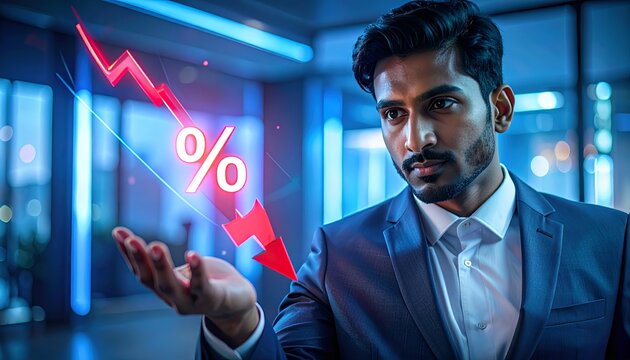 Business professional holding a red percentage symbol with a downward arrow, illustrating declining interest rates, reduced borrowing costs, financial markets, and economic trends.