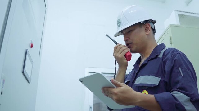 Environmental engineer communicating with team of technicians use radio and taking reports checking continuous emission monitoring systems at industrial plant. Sustainable air pollution reduction. ESG