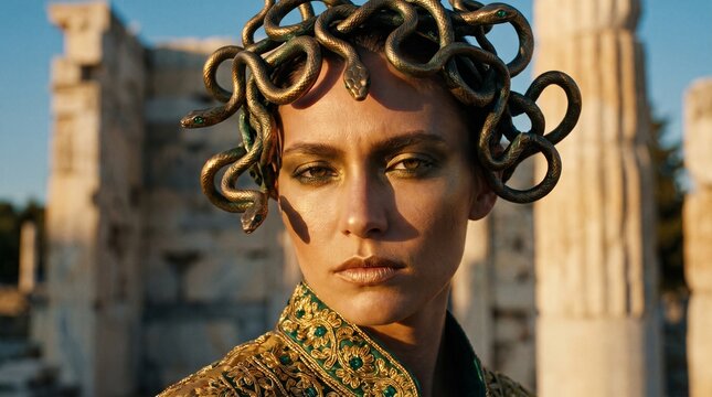 Extreme Close-Up of an Avant-Garde Model with a Medusa Inspired Metallic Snake Headpiece