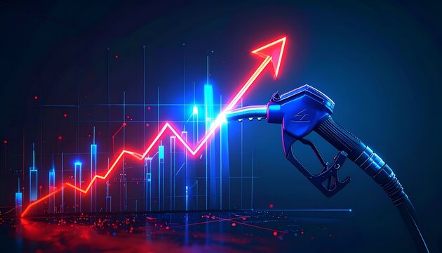 Futuristic fuel pump nozzle beside a rising red trend line and financial chart, representing higher fuel prices, energy inflation, market growth, and economic trends.