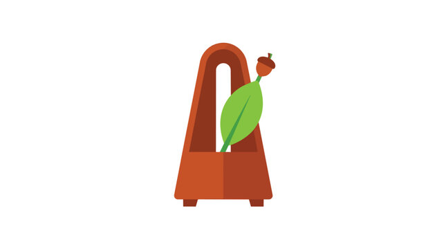 Ecological metronome with a green leaf and acorn pendulum representing environmental timing and sustainability rhythm in a clean flat vector illustration for green business branding