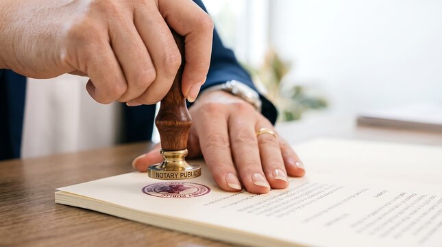 Notary Public stamping document with official seal for legal verification