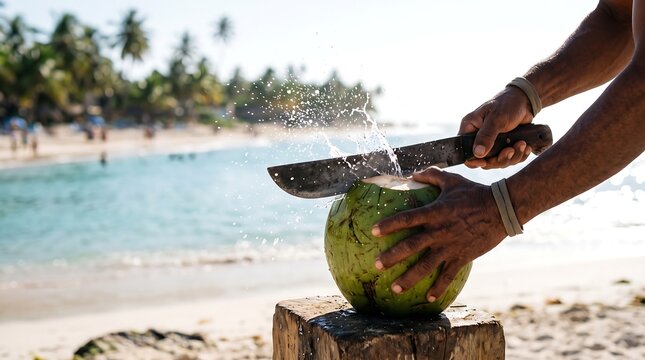 Man opening fresh green coconut with machete on tropical beach with ocean background