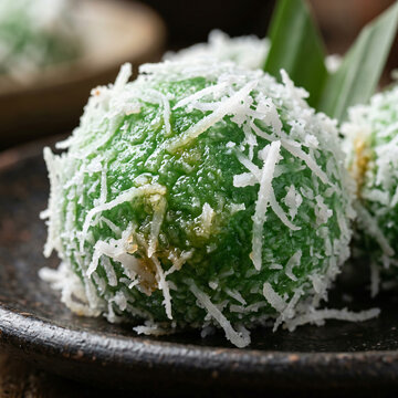 Traditional Indonesian Klepon rice cake balls coated with grated coconut on a wooden plate.