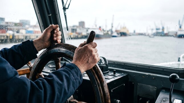Captain steering a ship with hands on the wheel in a harbor