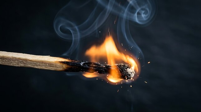 A single wooden matchstick burning with a bright orange flame and wisps of grey smoke rising