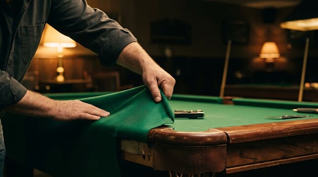 Man carefully adjusting green felt on a pool table in a dimly lit room