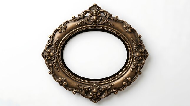 Ornate antique gold framed round mirror hanging on a plain white wall
