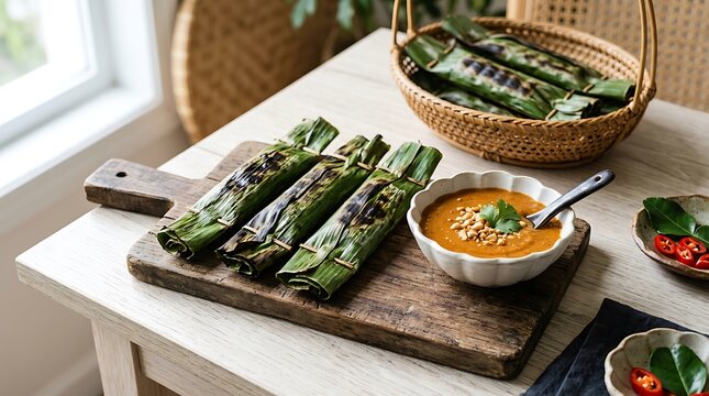 Traditional indonesian cuisine featuring green banana leaves filled with savory rice and spices