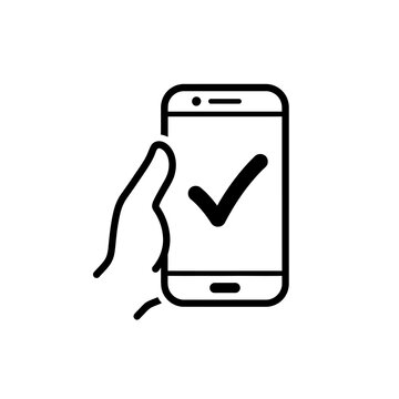 Minimalist hand holding smartphone with tick check mark icon vector line art