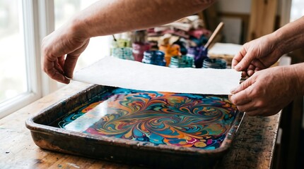 Obraz premium Artist creating marbled paper with colorful paints in a tray