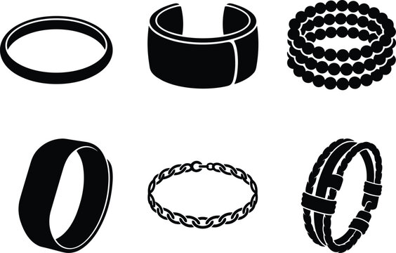 Bracelets and bangles silhouette vector icon set featuring leather, chain, beaded, and metal designs.