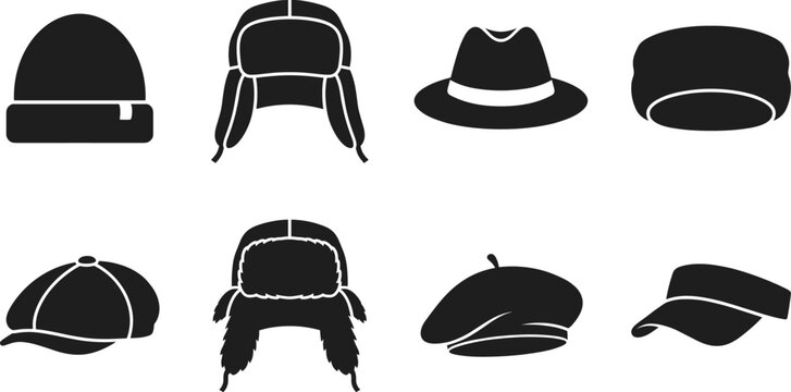 Collection of black hat and cap silhouettes featuring various headwear styles for fashion design