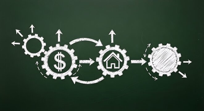 A chalkboard drawing of financial process gears leading to home