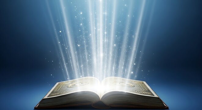 An old open book radiating bright magical light and sparkles