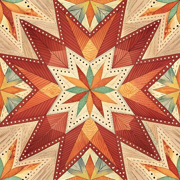 Patchwork star quilt seamless pattern featuring an intricate eight-pointed mandala star made of terracotta red, orange, and green wooden-textured geometric diamond facets.