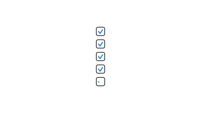 Checklist Animation Showing Five Checkboxes Marked Complete for Business Productivity and Task Management Concepts on Minimalist White Background 4k video