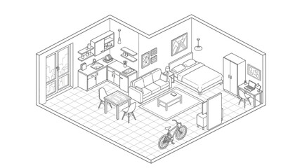 Fototapeta premium Creative Isometric Black and White Line Drawing of a Modern Minimalist Studio Apartment with Furniture Bike and Workspace
