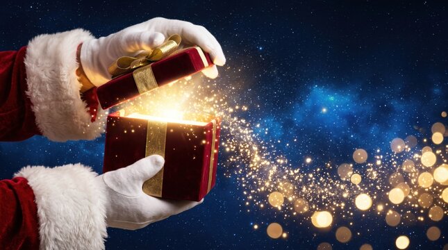 Santa Claus hands holding and opening a glowing magic Christmas gift box with bright golden sparkles