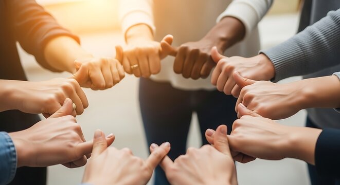 Diverse group of people give thumbs up in a circle