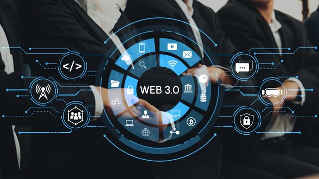 Modern Business Meeting with Web 3.0 Concept and Technology Icons Focused on Digital Transformation and Innovation in Corporate Environment. Entropy.