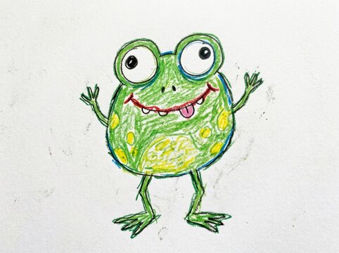 Cheerful cartoon frog with big eyes waving, child crayon drawing on white paper. Funny green amphibian character illustration. Kids creativity and childhood art concept. Doodle drawing.