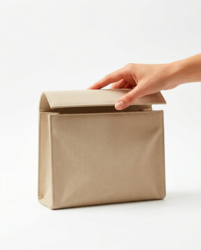 Hand Holding Flap of Beige Canvas Cosmetic Pouch Bag Mockup
