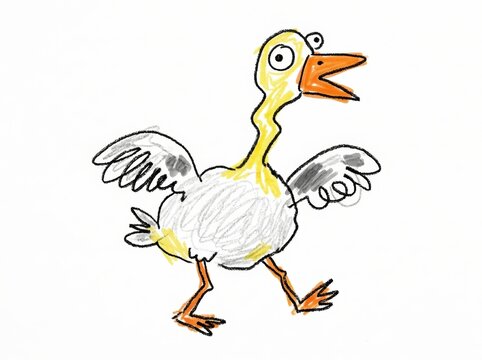 Funny goose with open beak walking, childlike crayon drawing on white background. Silly cartoon bird character with outstretched wings. Comic animal illustration.