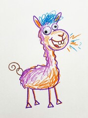 Obraz premium Funny llama drawn with colorful crayons and googly eyes on white paper. Childs doodle of smiling cartoon animal. Kids drawing and creativity concept. Handmade children art.