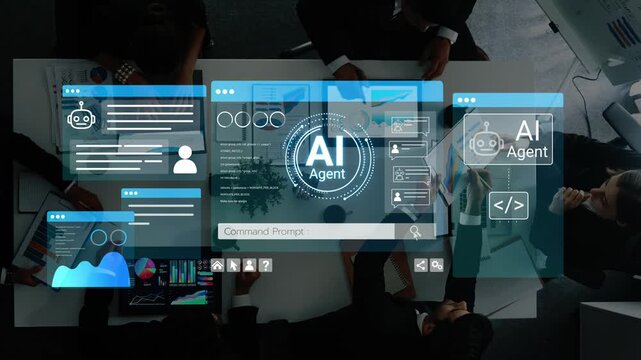 Modern Business Meeting with AI Technology in Conference Room, Screens Displaying Data and Analytics for Productivity Enhancement. Entropy.