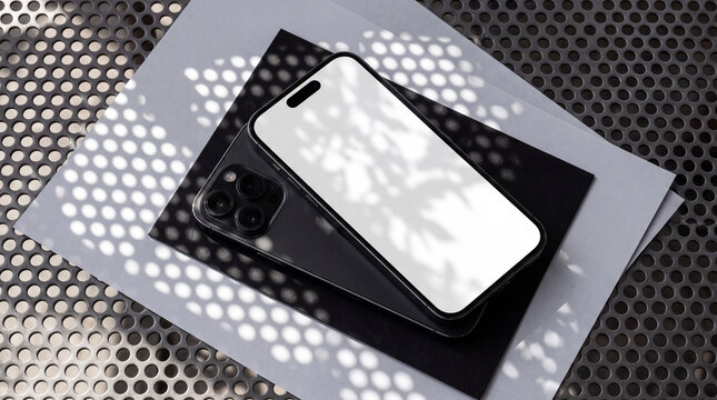 Mockup Modern smartphone mockup with blank screen and leaf shadows on textured background