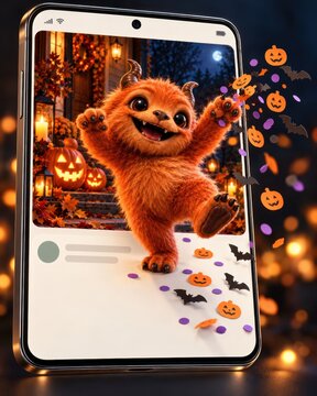 Cute Orange Halloween Monster Dancing Out of a Social Media Post