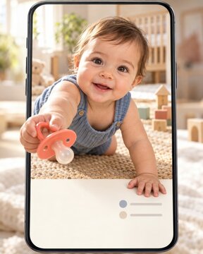 Crawling Baby Offering a Pacifier Through a Smartphone Screen