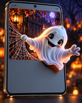 Friendly Halloween Ghost Emerging from a Smartphone Through a Cobweb