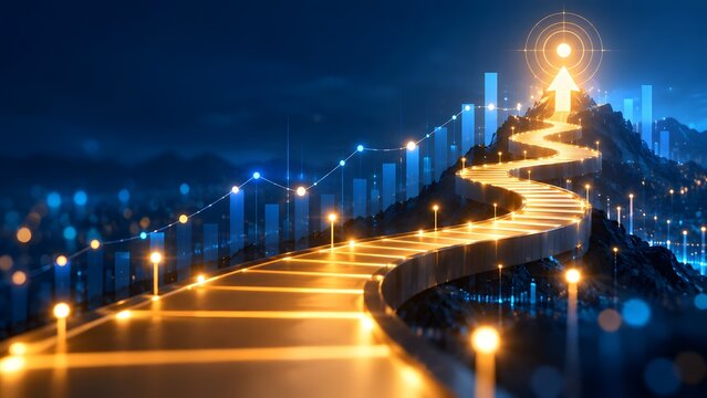 Winding glowing mountain road leading to target arrow representing strategic business roadmap and financial success journey