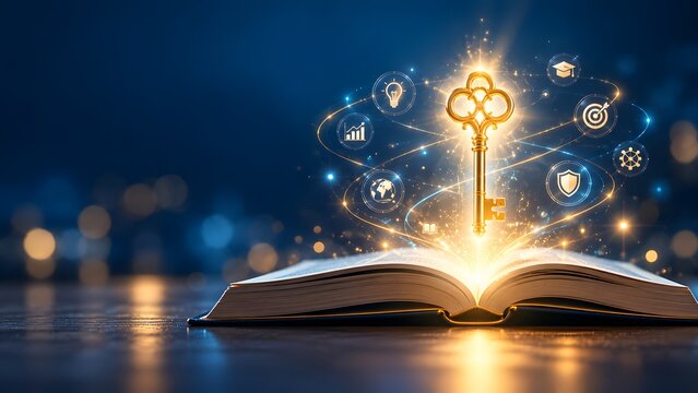 Glowing golden key rising from an open book with digital icons representing knowledge discovery and business education success